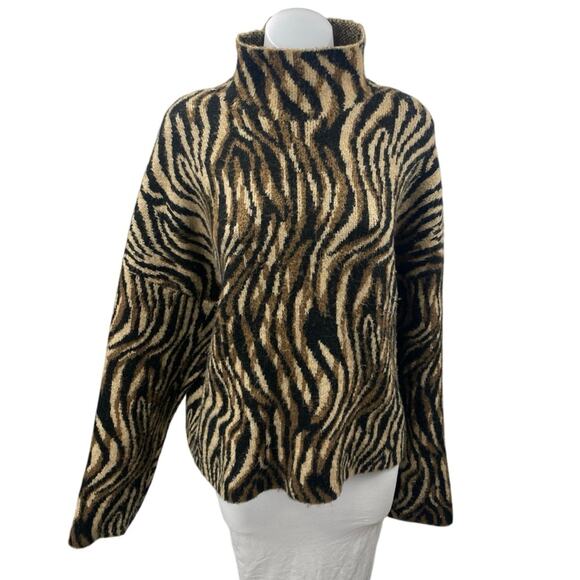 Zara Brown Wool Zebra Animal Print Turtleneck Long Sleeve Knit Sweater Top Sz L - Picture 1 of 4